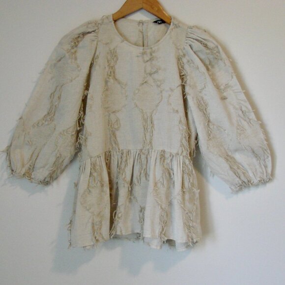 Zara Linen Blend Peplum Top Boho Hippie Fringe Puff Sleeve Natural Beige Small - Picture 3 of 16